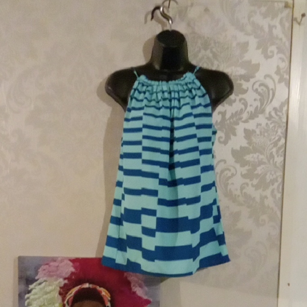 New York & Company Green and Blue Striped Blouse with Ruffled Neckline